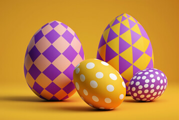 Colorful easter eggs on yellow background. generative AI
