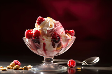 Raspberry ice cream with fresh berries on table. digital art