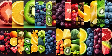 Fototapeta na wymiar Background of mixed fruits and vegetables. Fresh ripe color food by ai generative