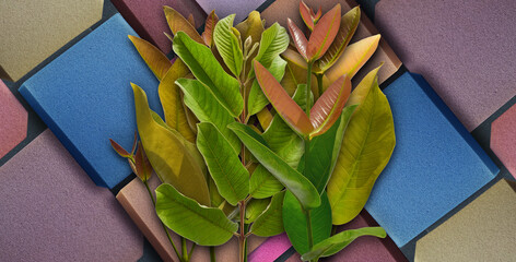 daun jambu muda dengan latar belakang kotak berwarna-warni bertekstur. Letak datar, tampilan atas