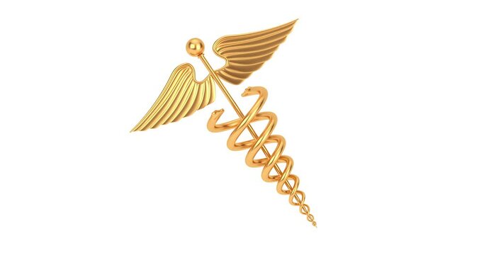 4k Resolution Video: Gold Medical Caduceus Symbol Seamless Looped Rotating on a white background with Alpha Matte