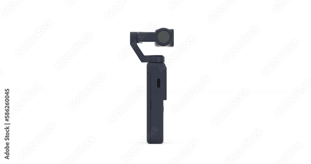 Poster 4k resolution video: pocket handheld gimbal action camera mockup jumping on a white background with 