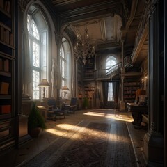 Fototapeta na wymiar Ancient stately home interior with a beautiful library and club sofas, generative AI