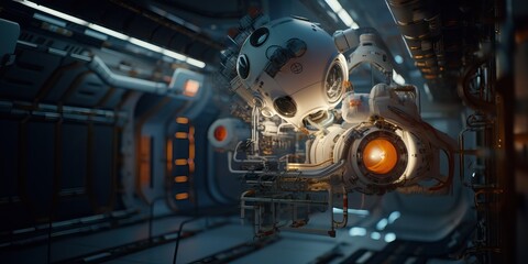 Naklejka premium Astronaut in a spacecraft interior, generative ai