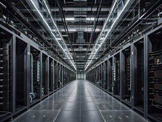 Obraz premium Data server, render farm corridor, generative ai
