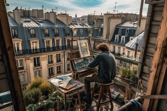 An artist painting in a Parisian roof, generative ai
