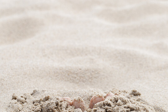 Summer rest or vacation on beach concept. Woman toes close up buried in sand on seashore. Female bare feet with natural toenails on white beige sand. Selective focus, blurred background