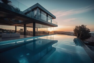Fototapeta na wymiar Modern luxury home with pool and garden at blue hour, generative ai