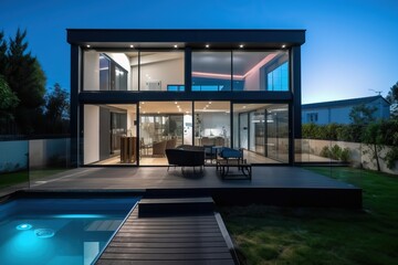 Fototapeta na wymiar Modern grand villa with swimming pool and garden, generative ai