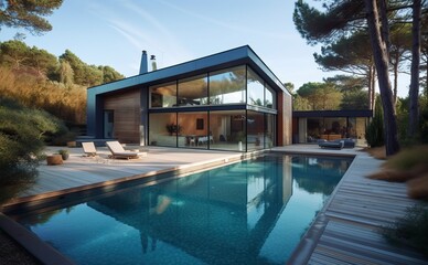 Fototapeta premium Modern luxury home with pool and garden at blue hour, generative ai
