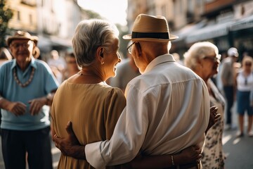 Senior romance, Active elderly couple holding each other on the street, generative ai