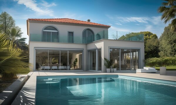 Luxury traditional French mansion with pool and garden, generative ai