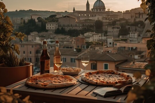 pizza in Italy, delicious meal in a terrace overlooking Rome generative ai