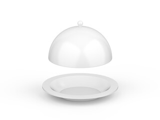 White plastic restaurant cloche plate mockup on isolated white background, 3d render illustration
