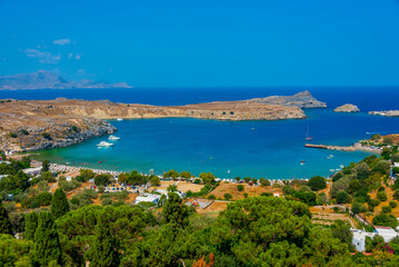 Panorama view of Lindos beach at Greek island Rhodes