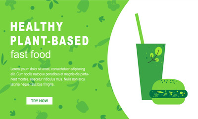 Healthy vegan and plant-based fast food banner landing page. Dairy free beverage and burger. Vector flat illustration. Animal protein replacement.