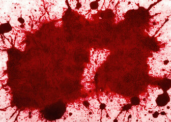 Overhead shot: a large crispy puddle of blood splattered on a flat white surface, dirty red dried up liquid. Generative AI.
