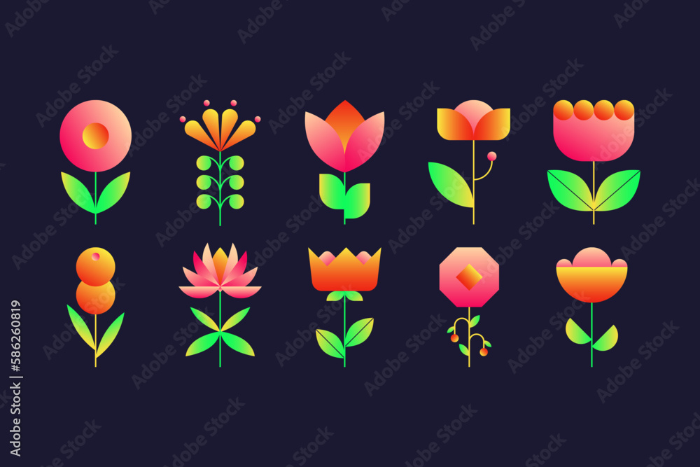 Aufkleber geometric flower set. abstract gradient floral elements bold simple geometry shapes. vector spring b