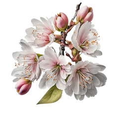 a spring-themed illustration featuring isolated pretty pink, and white cherry blossom flowers on a cherry tree branch, set on a transparent background and provided in PNG. Generative AI