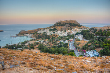 Sunset panorama of Greek town Lindos at Rhodes island