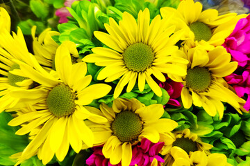 Obraz premium Yellow chrysanthemum natural floral background close up vertical photo. Fresh flowers in bouquet buds top view. Bright colors. Florist shop. Greeting card design template with copy space.