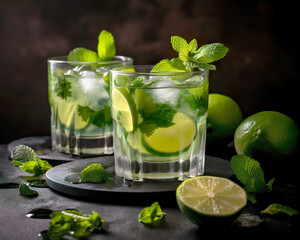 Fototapeta premium Mojito Cocktail Lime and Mint. Refreshing, fresh drink. AI generated illustration.