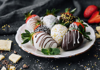 Strawberries glazed in black and white chocolate. lie on a white plate