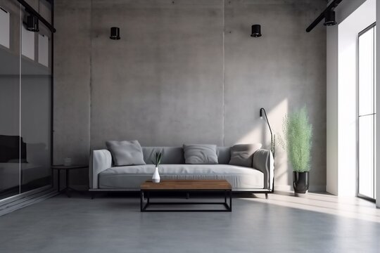 interior background loft three-dimensional stylish living room lounge modern grey living concrete style luxury. Generative AI.