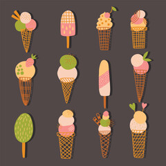 Ice creams cute colorful hand drawn vector icons set. Vector illustration