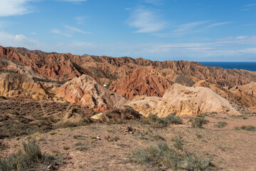 Fairytale canyon or Skazka Canyon, Natural park of colorful rocks near Issyk-Kul lake, Kyrgyzstan.