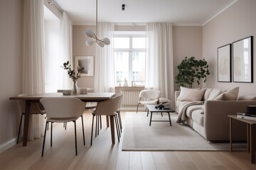 Fototapeta premium interior style room chair window plant home living pillow table apartment. Generative AI.