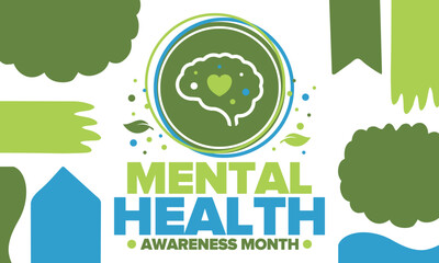 Mental Health Awareness Month in May. Annual campaign in United States. Raising awareness of mental health. Control and protection. Prevention campaign. Medical health care design. Vector illustration