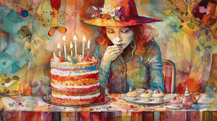 Birthday Party with Cake, Watercolor, Illustration, Generative AI