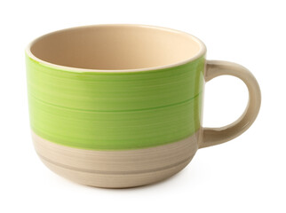 Colored ceramic mug isolated on white background.
