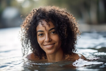 Fototapeta premium Young woman chilling in the river on holiday. Generative AI.