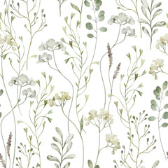 Floral seamless watercolor pattern - a composition of green leaves, branches and flowers on a white background. Perfect for wrappers, wallpapers, postcards, greeting cards, wedding invitations.