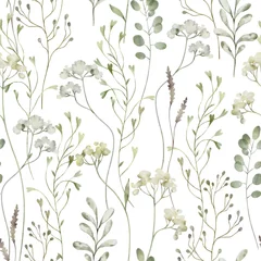 Deurstickers Aquarel prints Floral seamless watercolor pattern - a composition of green leaves, branches and flowers on a white background. Perfect for wrappers, wallpapers, postcards, greeting cards, wedding invitations.