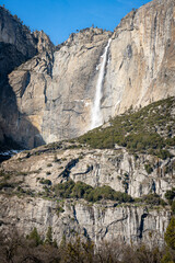 Ribbon Falls in Yosemite National Park, California, USA. Waterfall flows all year-round and is popular travel destination. 