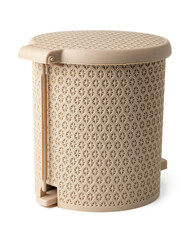 Plastic trash can with lid on white background