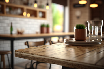 Wood table in blurry of modern restaurant room or coffee shop for product display mockup. Light wood restaurant table on blurred kitchen background. Realistic 3D illustration. Creative AI
