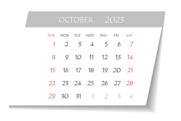 October 2023 calendar planner. Corporate week. Template layout, 12 months yearly, white background. Simple design for business brochure, flyer, print media, advertisement. Week starts from Monday