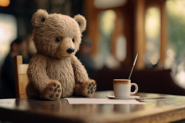 Teddy bear with cup of coffee, teddy bear with cup of tea. Generative AI