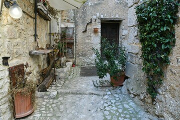 Fototapeta na wymiar A narrow street among the old houses of Fumone, a historic town in the state of Lazio in Italy.