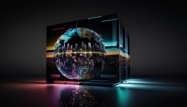 Ai generated illustration of lcd screens with projected map of earth