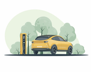 Electric car is charging. Electric car with charging station. The concept of charging an electric car. Illustration electric vehicle.