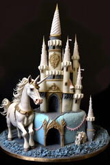 Fantasy unicorn with castle cake. Generative ai.