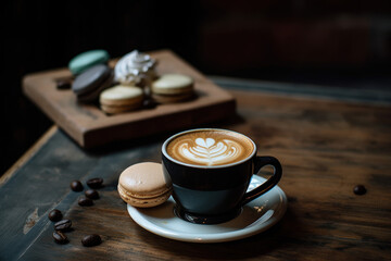 Tasse de café crème avec un dessin de type "Latte art" avec des macarons posé sur une table en bois brute
