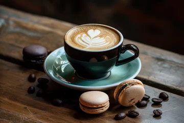 Fotobehang Tasse de café crème avec un dessin de type "Latte art" avec des macarons posé sur une table en bois brute © Sébastien Jouve