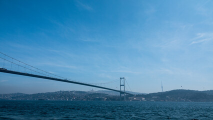 View of Bosphorus bridge, opposite coast and tour boat from Ortakoy coast in Istanbul  Turkey. 