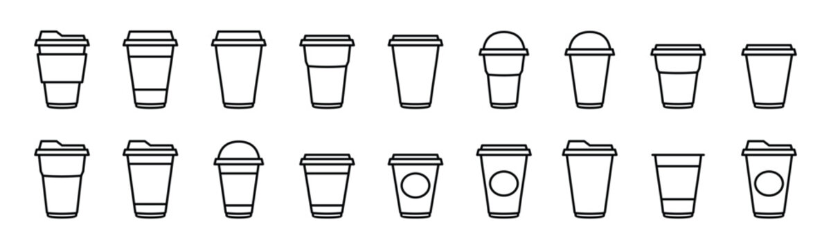 Coffee cup icons vector set in line style. Disposable coffee cup. Coffee paper cup, plastic container for hot and cold drink, juice, tea, cocoa and other. Vector illustration